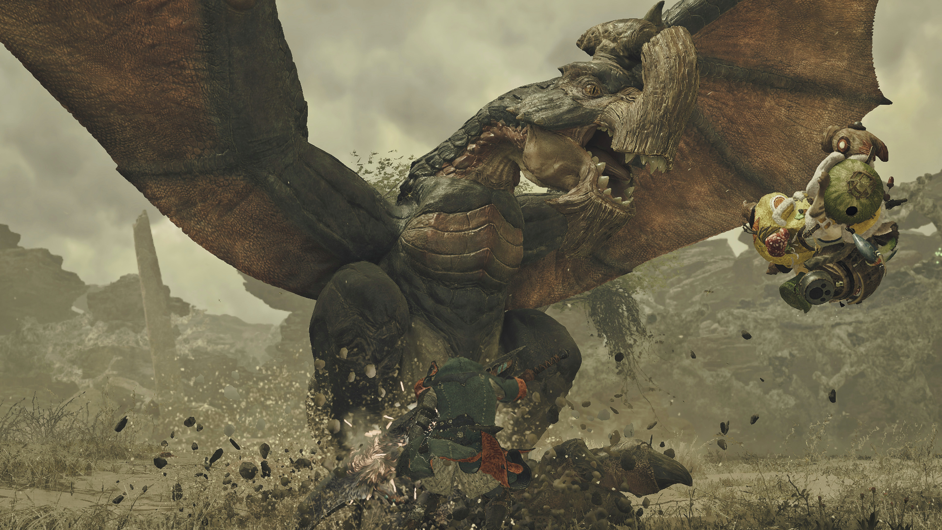 Monster Hunter Wilds'ta bir Gypceros'un saldırısına uğrayan bir oyuncunun tanıtım amaçlı ekran görüntüsü