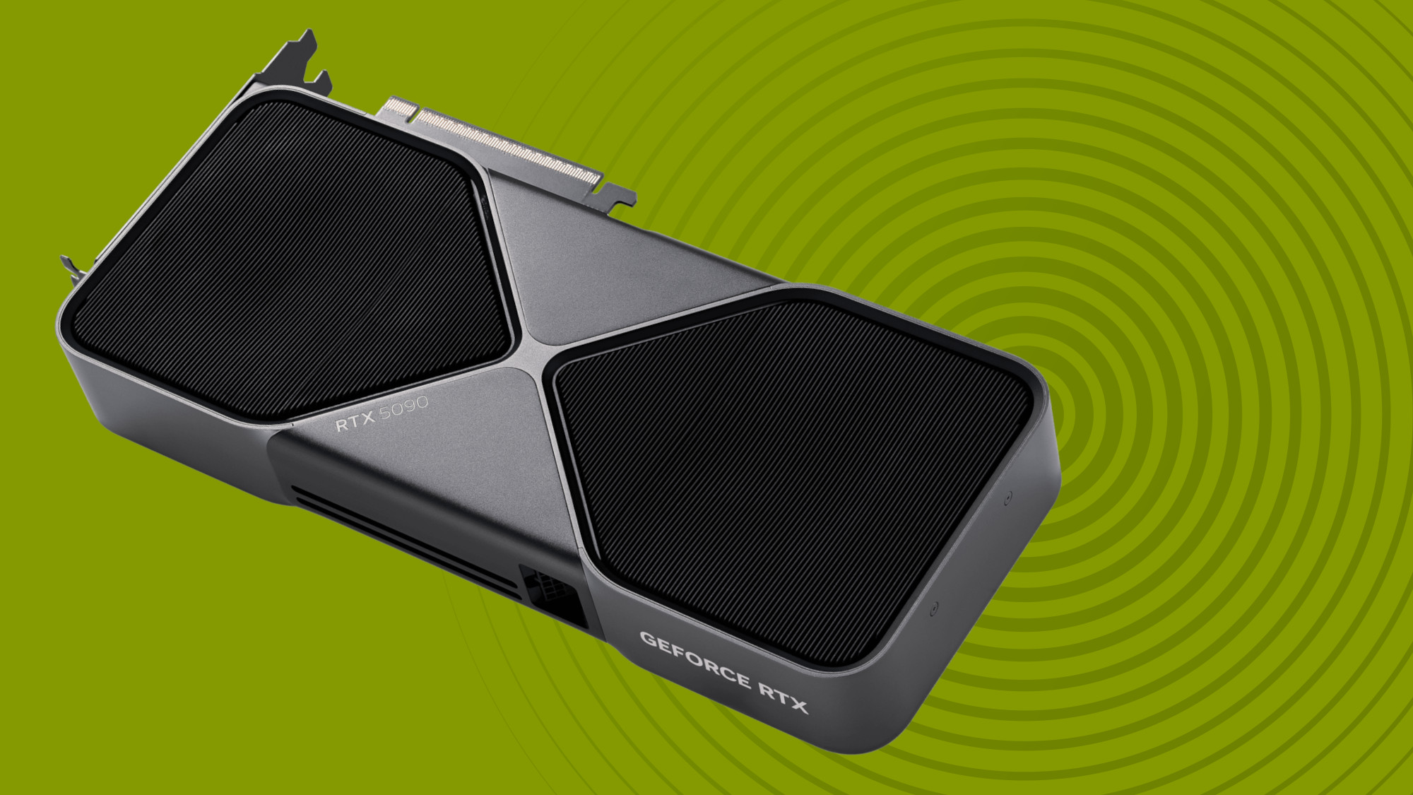 Spiral desenli yeşil bir arka plan üzerinde Nvidia RTX 5090.