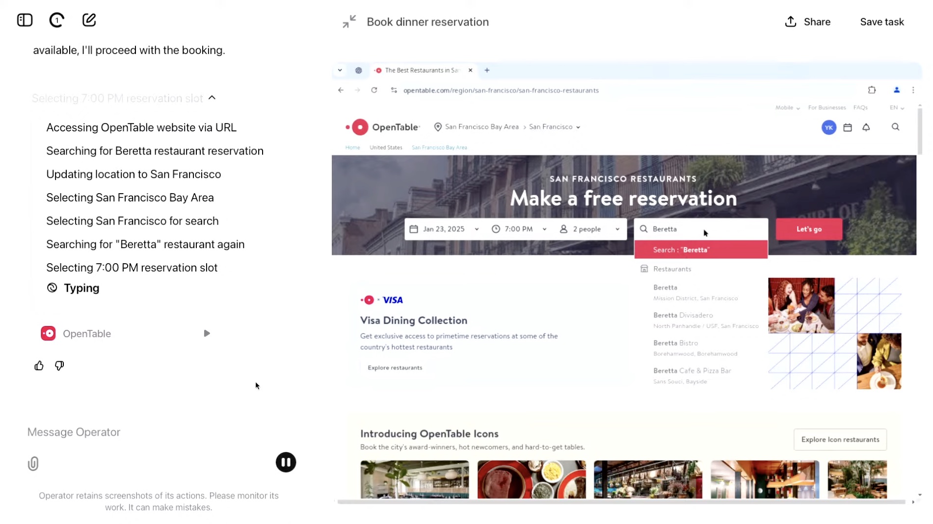 Canlı demodan OpenTable'daki OpenAI Operatörü örneği