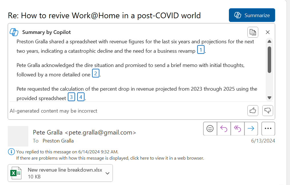 Outlook'ta bir e -posta iş parçacığının copilot özeti