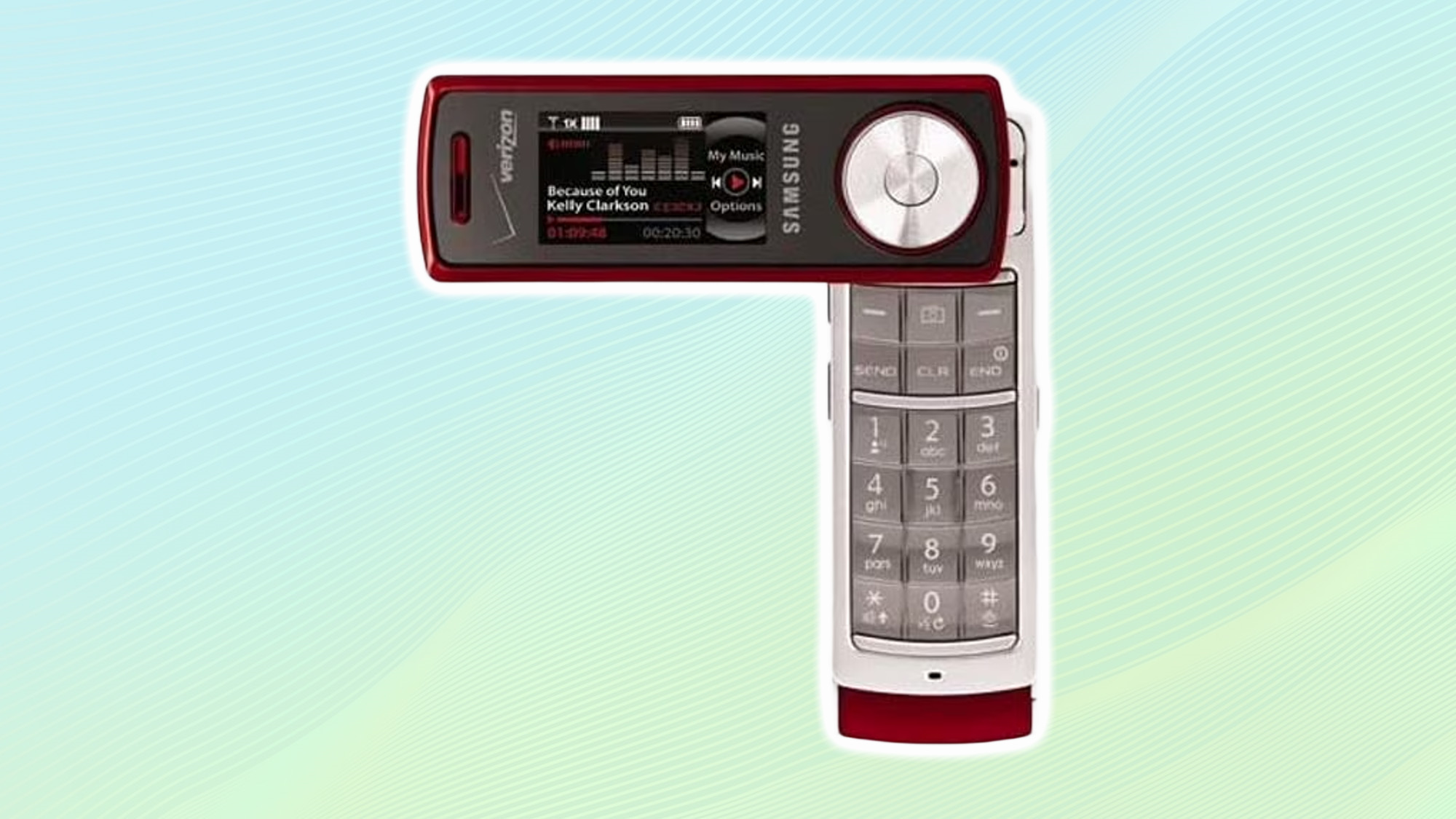 Samsung SCH-u470 renkli bir arka plana karşı.