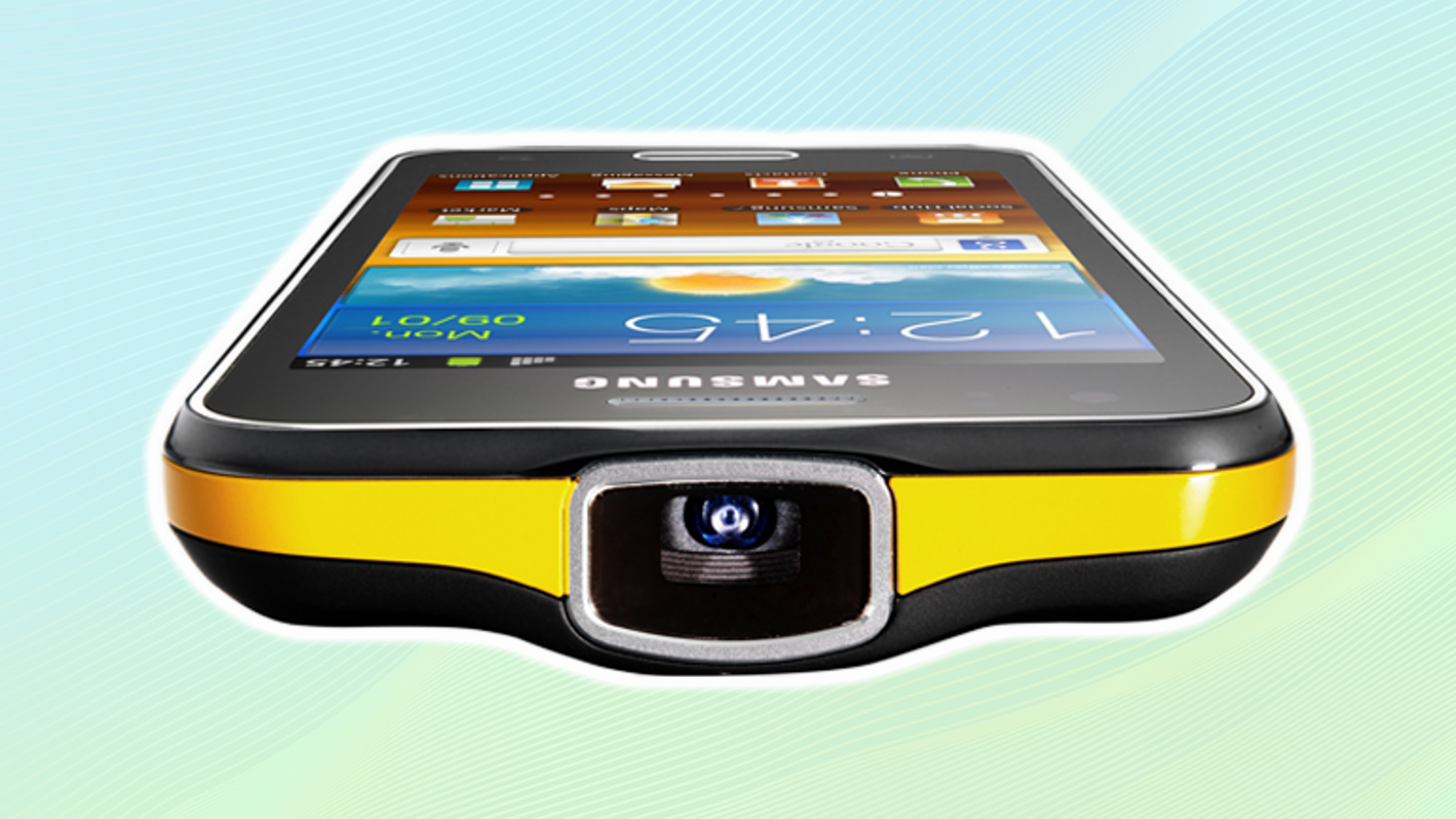 Samsung Galaxy Beam renkli bir arka plana karşı.