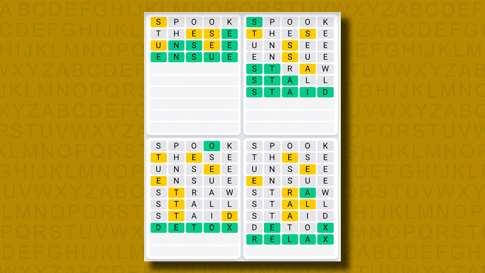 Quordle Günlük Sıra 1098 için Sarı Arka Planda Cevapları