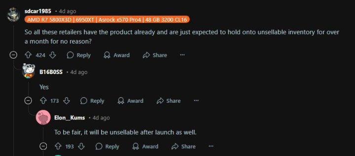 AMD'nin RDNA 4'ünden bahseden bir Reddit gönderisi.