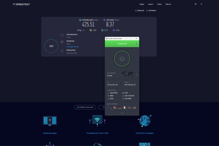 Bazı konumlarda PIA, OpenVPN protokolünde daha iyi performans gösterdi.