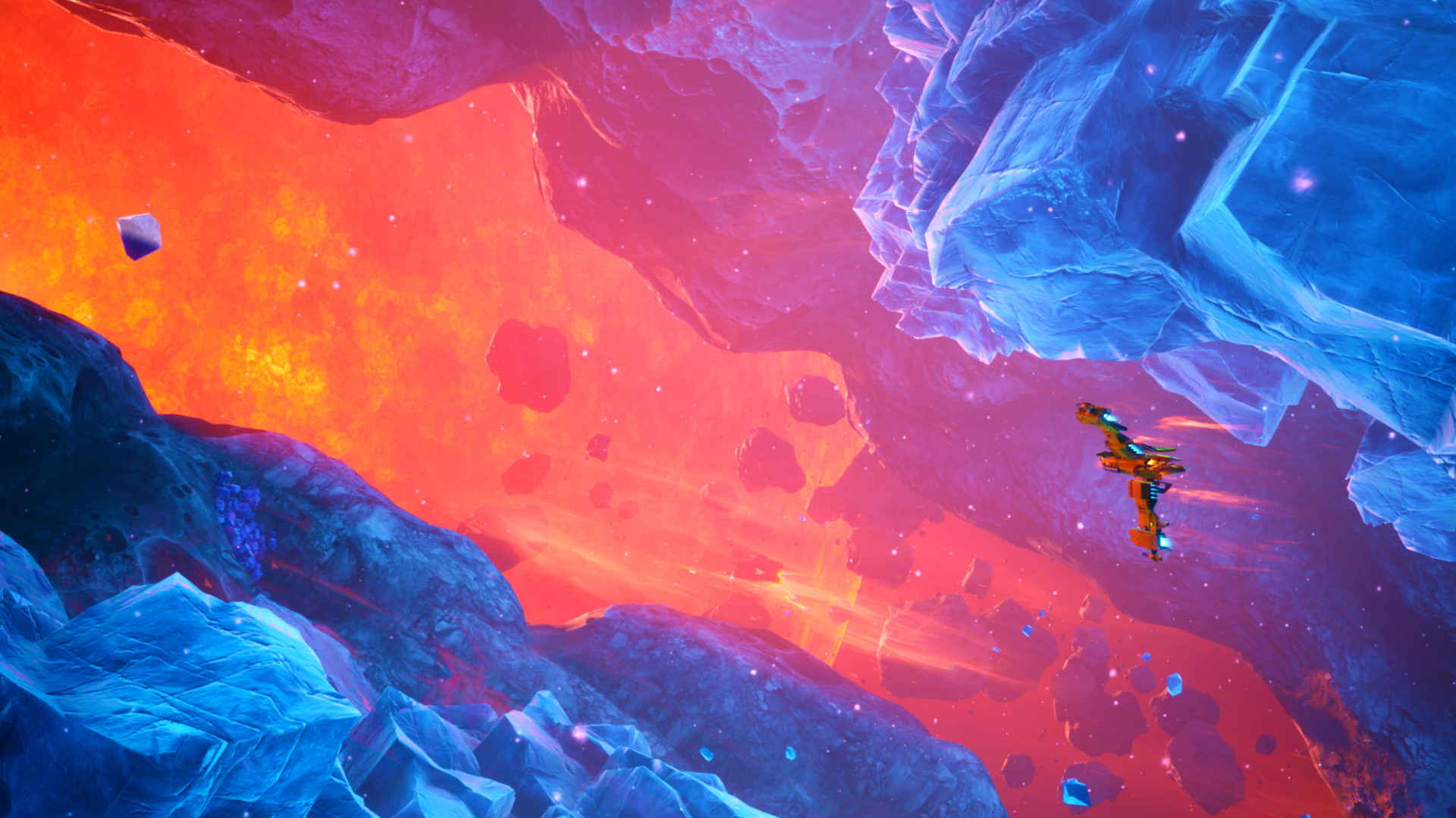 everspace-2-kadimlerin-gazabı-dlc-genişleme-rockfish-oyunları-diablo-uzay gemisi-rpg Everspace 2 Wrath of the Ancients genişletmesi - Uzay RPG'sinde bir gemi iki büyük mavi kaya oluşumunun arasında uçuyor.