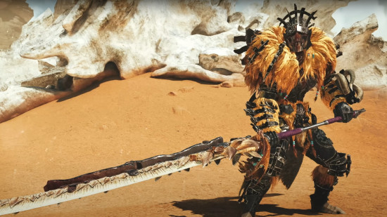Bir avcı, Monster Hunter Wilds uzun kılıcını yasak topraklarda kullanır.
