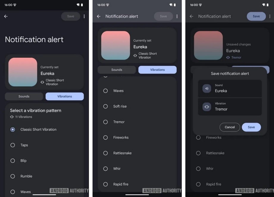Google Sounds 3.2 uygulamasındaki Pixel kullanıcıları için mevcut titreşim modelleri. | Image Credit -Android Authority - Cool Yeni Özellik, Pixel kullanıcılarına telefonlarından hissettikleri titreşimler üzerinde daha fazla kontrol sağlayacak