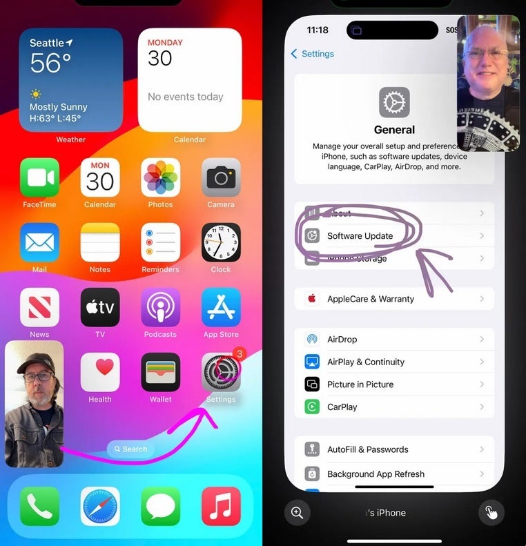 Mom'a iPhone'unu uzaktan nasıl güncelleyeceğini gösteriyor. | Image Credit -Jeff Carlson/CNET - iOS 18 ile, bir sorunu çözmesine yardımcı olmak için annenizin iPhone'unu uzaktan kontrol edebilirsiniz