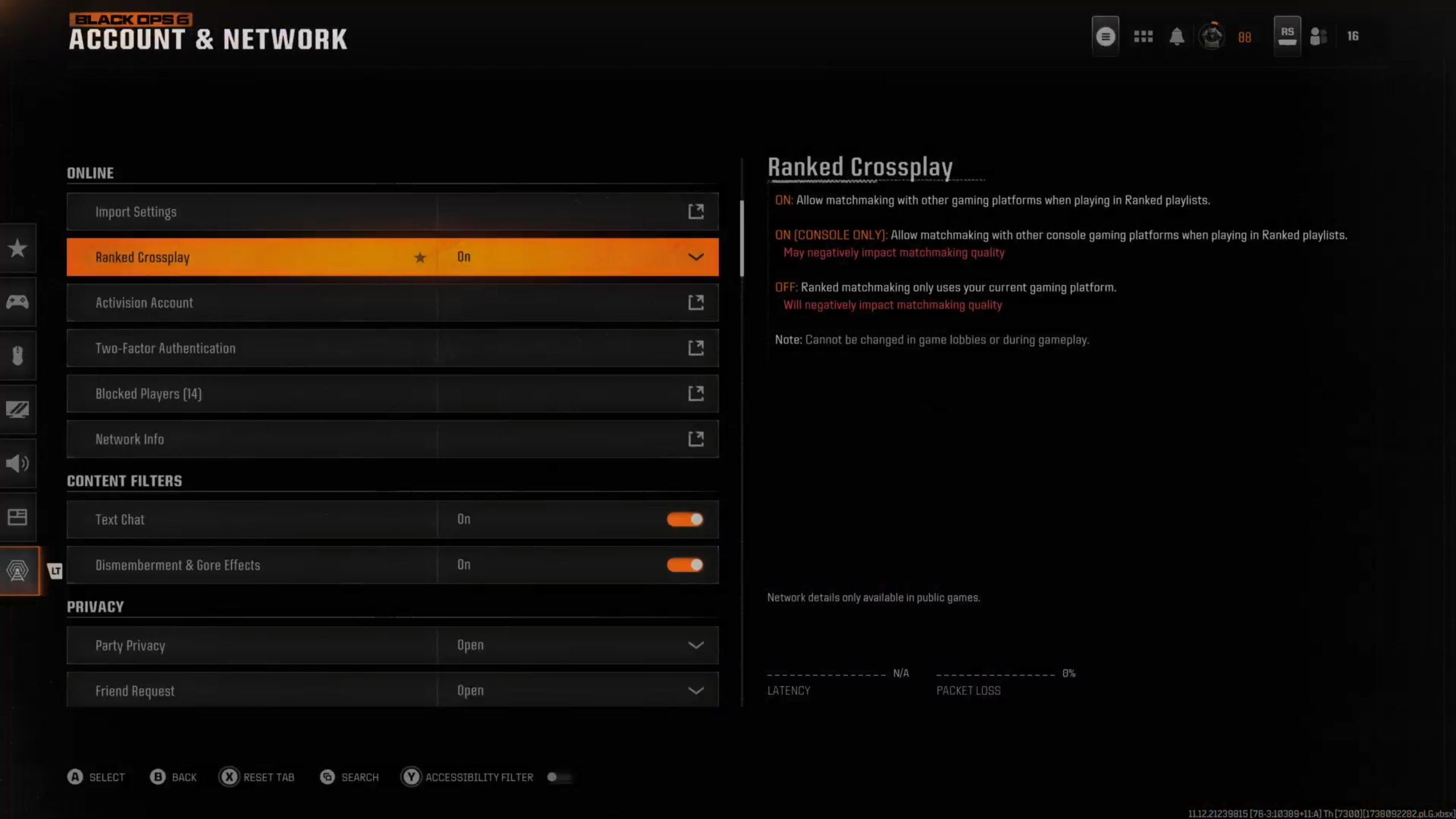 Call of Duty: Black Ops 6'da sıralı bir oyun lobisinden ekran görüntüleri, sıralı çapraz oyun için devre dışı bırakmak için menüyü gösteriyor.