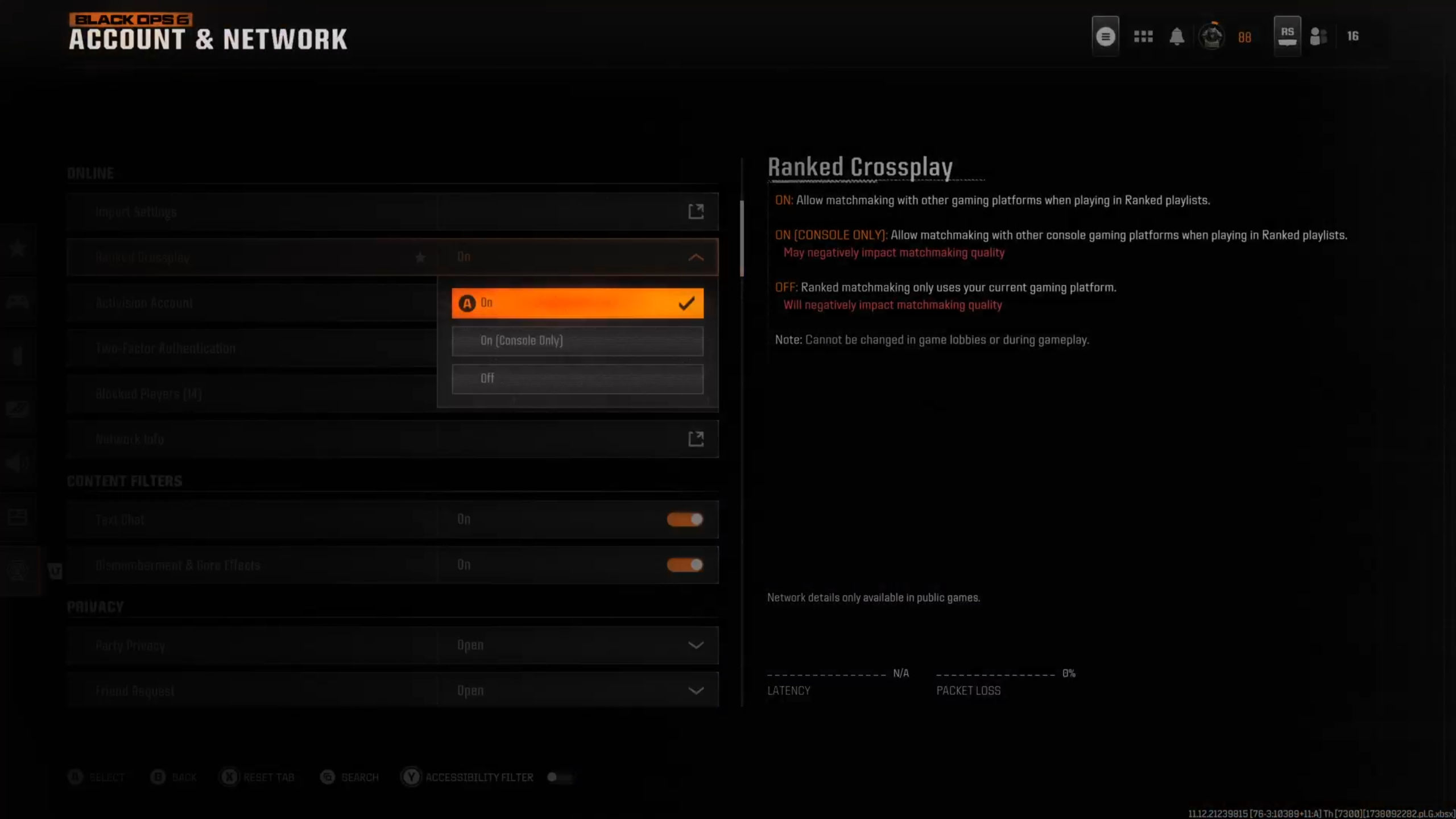 Call of Duty: Black Ops 6'da sıralı bir oyun lobisinden ekran görüntüleri, sıralı çapraz oyun için devre dışı bırakmak için menüyü gösteriyor.
