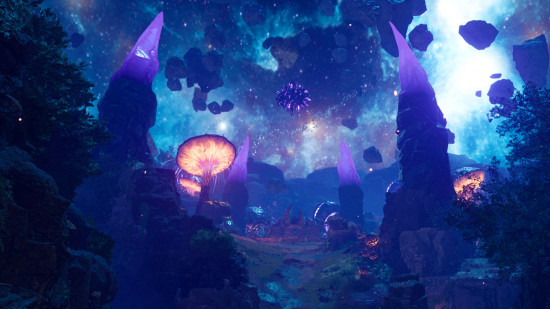 Bo6-the-tomm-Quest-Dark-Aether Bo6 Zombi Mezar Ana Görevi: Gökyüzü, karanlık eterdeki büyük mantar büyümelerinin ve kristal sütunların üzerinde mavi yakar.
