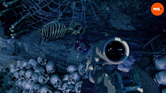 Black Ops 6 Zombies Mezar Easter Egg Şarkısı: Ossuary'deki bir iskeletin yanındaki bir çift Bay Meeks kulaklık.