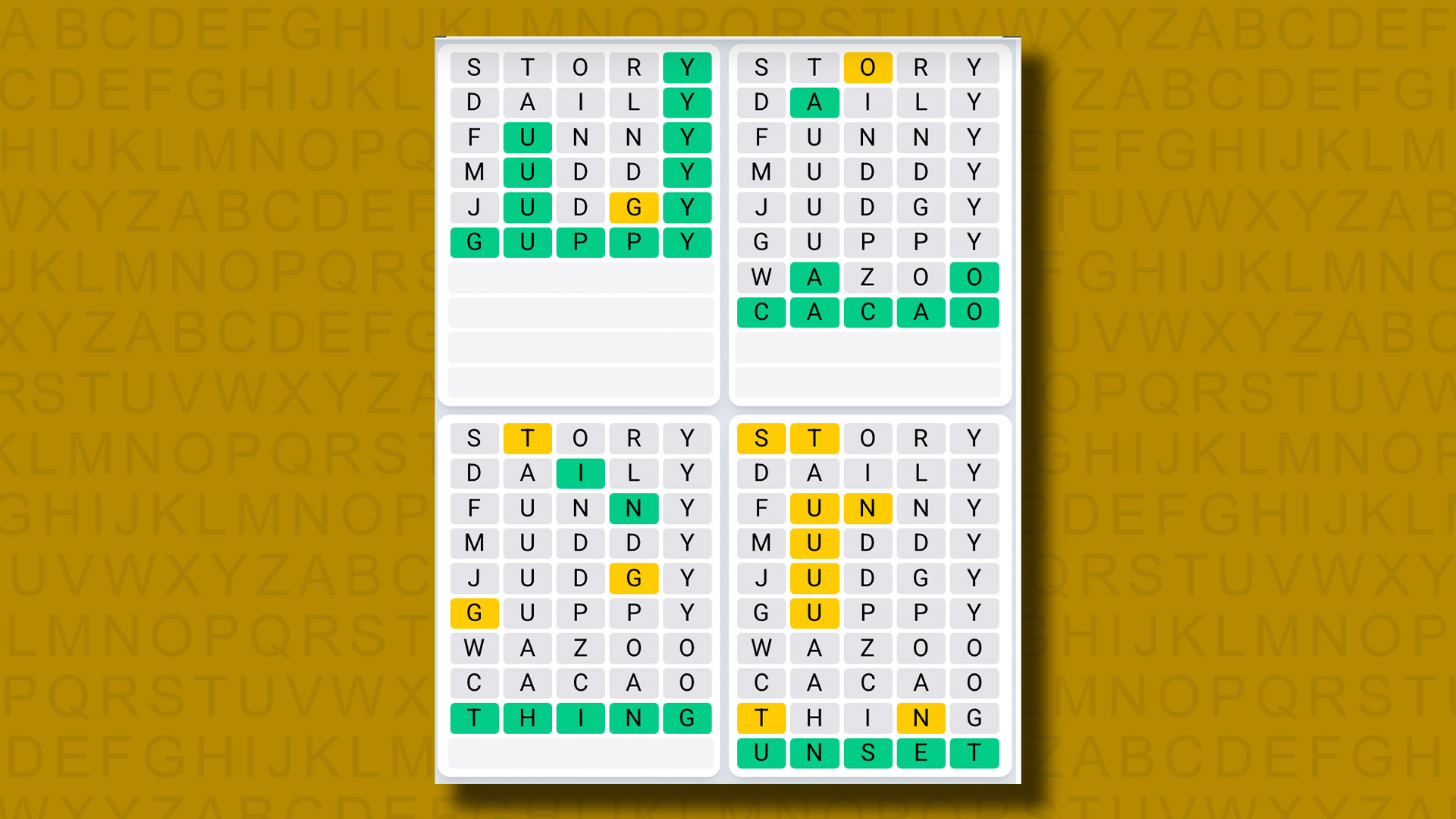 Quordle Daily Sequence, Sarı Arka Planda Oyun 1103 için Cevaplar