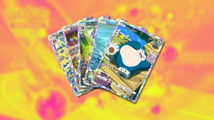 Pokémon TCG cebinde elektrot, Eevee, Nidoking, Squirtle ve Snorlax illüstrasyon kartları.