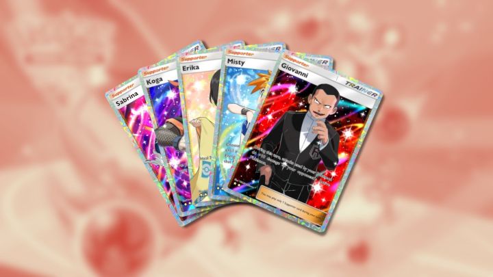 Pokémon TCG cebinde Sabrina, Koga, Erika, Misty ve Giovanni illüstrasyon kartları.