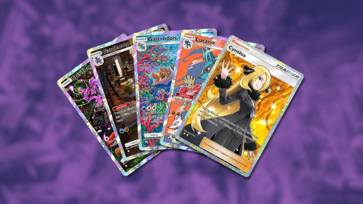Pokemon TCG cebinde Spiritomb, Garchomp, Gastrodon, Lucario ve Cynthia.