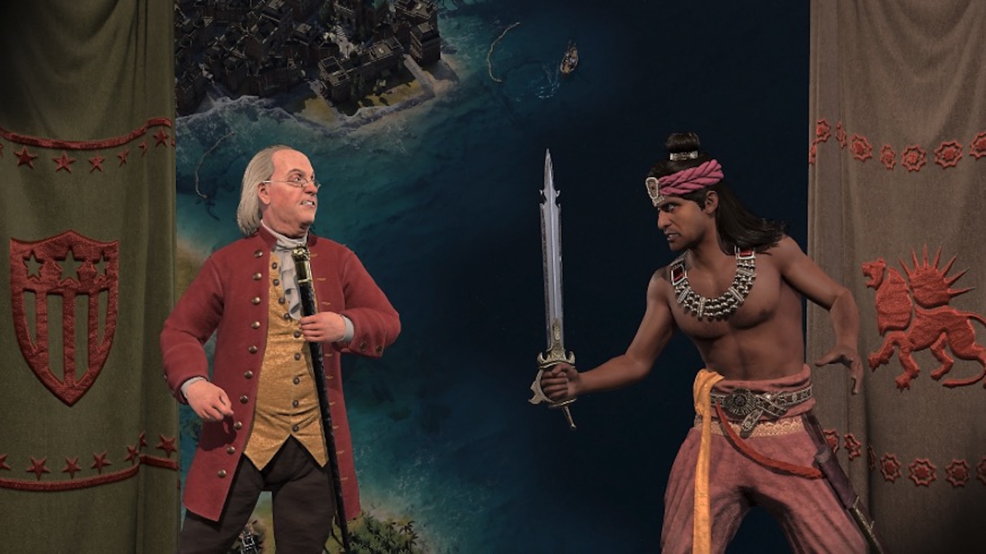 Benjamin Franklin ve Tecumseh kendi uluslarının bayraklarına karşı karşıya