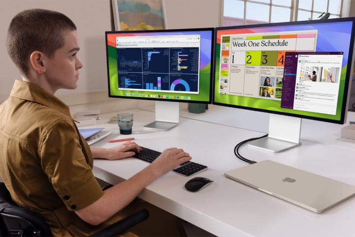 İki monitöre bağlı MacBook Air kullanan bir kişi.
