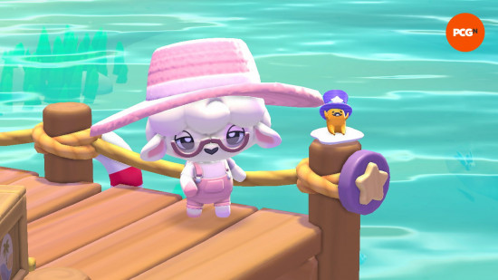 Hello Kitty Island Adventure Tophat Gudetama Yerleri: Bir Kuzu Gudetama'nın bir figürün yanında duran bir kuzu gibi görünen Sanrio tarzı bir oyuncu karakteri.