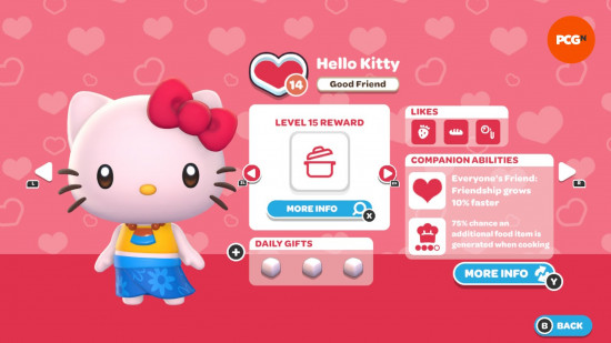 Hello Kitty Island Adventure Hediye Kılavuzu: Hello Kitty'nin Dostluk Seviyesi ve Beğenileri için Oyun İçi Sayfası.