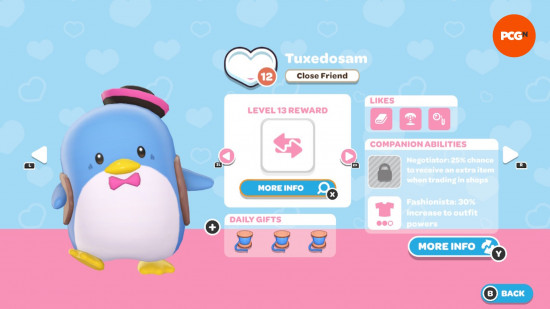 Hello Kitty Island Adventure Hediye Kılavuzu: Tuxedosam'ın arkadaşlık seviyesi ve sevdikleri oyun içi sayfa.
