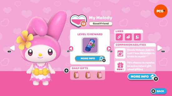 Hello Kitty Island Adventure Hediye Rehberi: Melodimin arkadaşlık seviyesi ve sevdikleri için oyun içi sayfa.