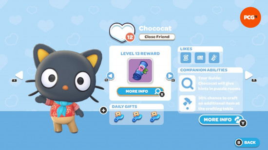 Hello Kitty Island Adventure Hediye Kılavuzu: Chococat'ın Dostluk Seviyesi ve Sevdikleri Oyun İçi Sayfası.