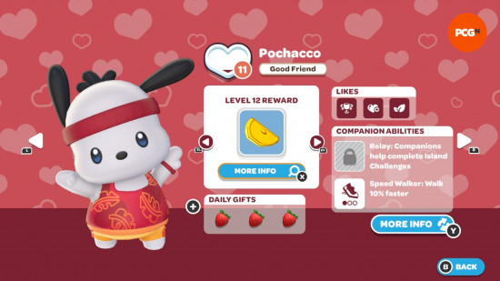 Hello Kitty Island Adventure Hediye Rehberi: Pochacco'nun arkadaşlık seviyesi ve sevdikleri oyun içi sayfa.