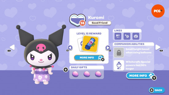 Hello Kitty Island Adventure Hediye Rehberi: Kuromi'nin arkadaşlık seviyesi ve sevgilisi için oyun içi sayfa.