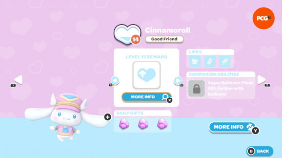 Hello Kitty Island Adventure Hediye Kılavuzu: Cinnamoroll'un arkadaşlık seviyesi ve sevdikleri oyun içi sayfa.