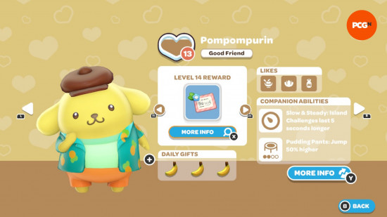 Hello Kitty Island Adventure Hediye Rehberi: Pompompurin'in arkadaşlık seviyesi ve sevdikleri oyun içi sayfa.