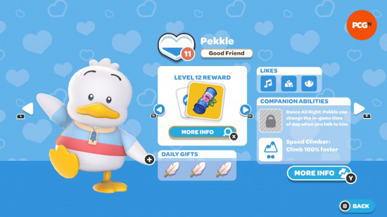 Hello Kitty Island Adventure Hediye Kılavuzu: Pekkle'nin arkadaşlık seviyesi ve sevdikleri oyun içi sayfa.