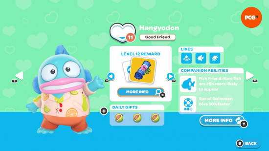 Hello Kitty Island Adventure Hediye Rehberi: Hangyodon'un arkadaşlık seviyesi ve sevdikleri oyun içi sayfa.