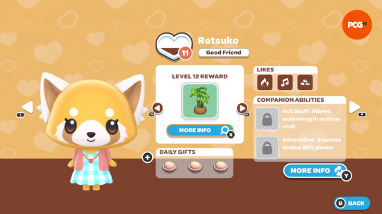 Hello Kitty Island Adventure Hediye Rehberi: Retsuko'nun arkadaşlık seviyesi ve sevdikleri oyun içi sayfa.