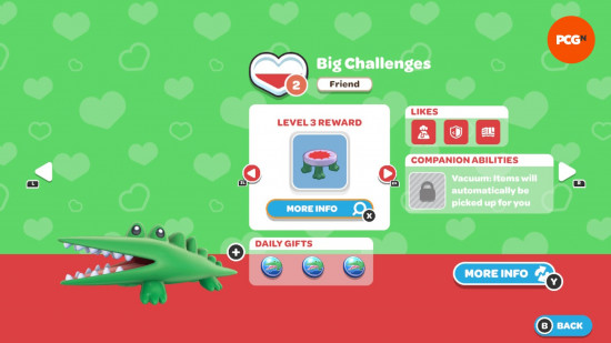 Hello Kitty Island Adventure Hediye Kılavuzu: Big Challenge'ın Dostluk Seviyesi ve Beğenileri için Oyun İçi Sayfası.