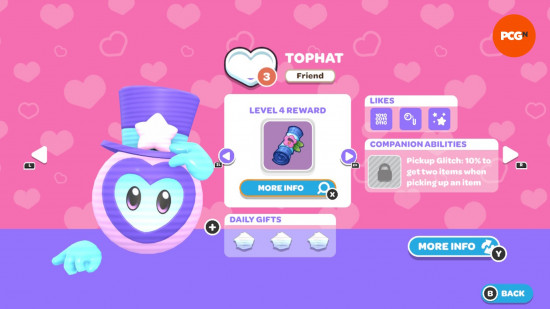 Hello Kitty Island Adventure Hediye Kılavuzu: Tophat'ın Dostluk Seviyesi ve Beğeni için Oyun İçi Sayfası.