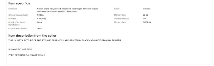 Ebay'de bir listenin ekran görüntüsü, sahte RTX 5090 satın almak için hile botlarına ve scripers'a gönderildi