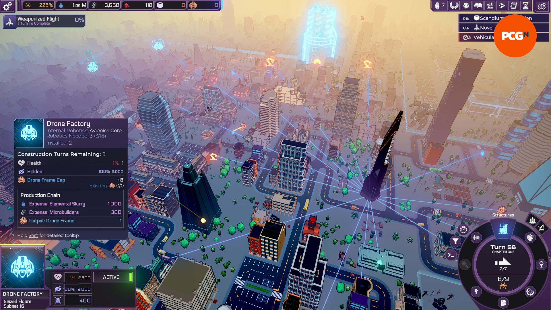 Makin Heart-Machine-Oyun-City-Builder-4x-Strateji-Game-Game-Sentient-AI Makinenin Kalbi - Oyuncu, 4x strateji oyununda hava cephanelerine ek kaynaklar eklemek için bir drone fabrikası inşa ediyor.