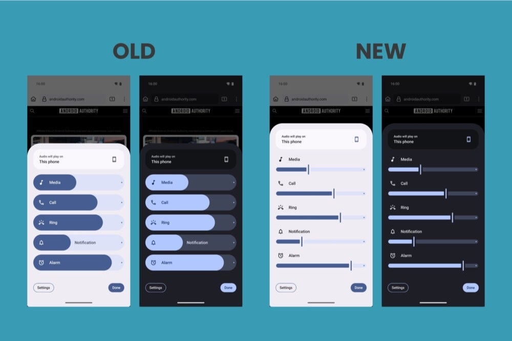 Eski ve yeni Android ses paneli yeniden tasarımının ekran görüntüleri