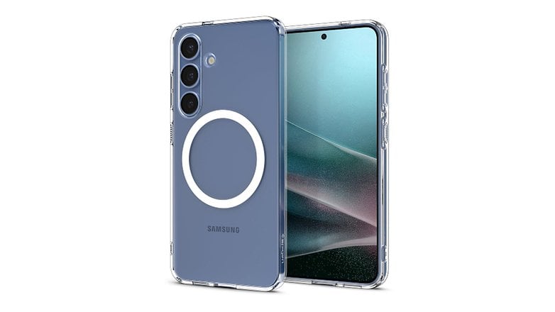 Arkadan şeffaf kasalı ve üç arka kameralı Samsung Galaxy S25 Plus akıllı telefon.