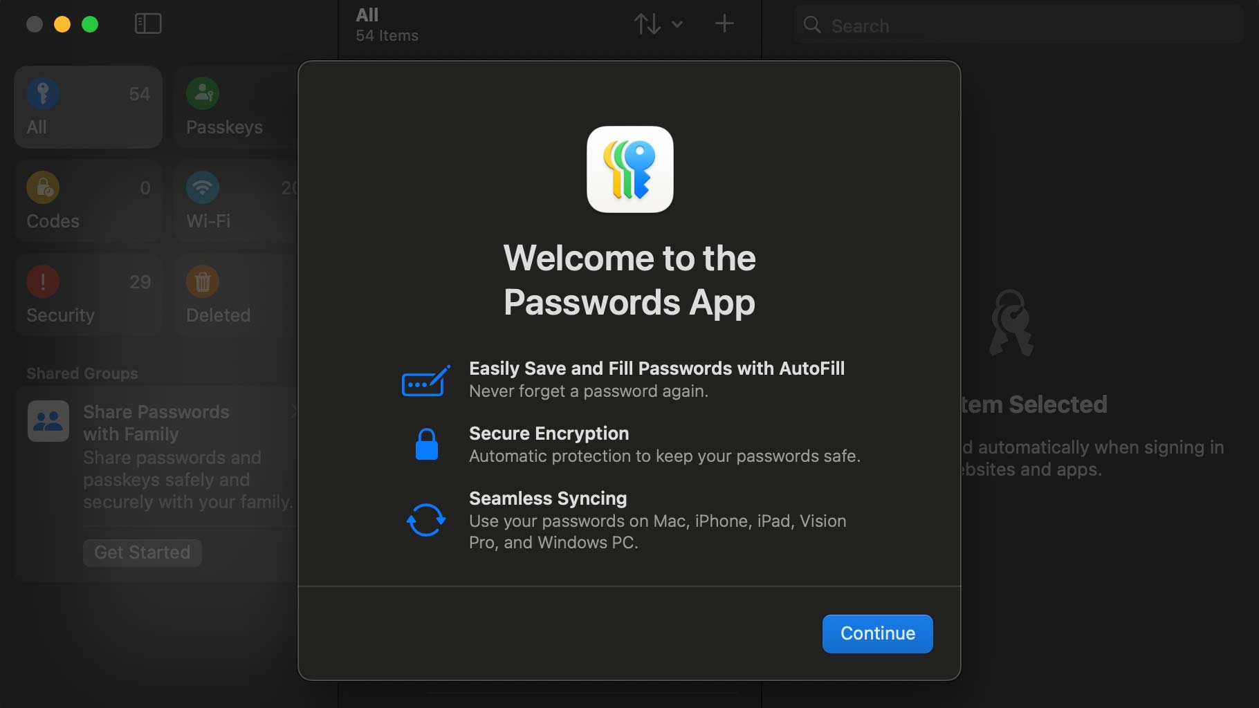 Apple Şifrelerini ilk kez açtığınızda gördüğünüz karşılama ekranı