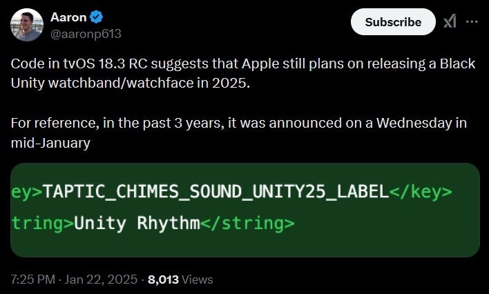 Tweet, tvOS 18.3 RC'deki gizli kodu gösteriyor ve 2025 Apple Watch Black Unity bandının yakında piyasaya sürüleceğine işaret ediyor. | Resim kredisi-X - Apple Store'larda yapılan değişikliklerin arkasında süresi geçmiş Apple Watch aksesuarı olabilir