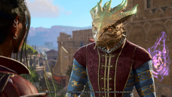 baldurs-gate-3-en iyi-npcs-pritt-yellowbreath Altın insansı bir ejderha bir gazeteyi tartışıyor