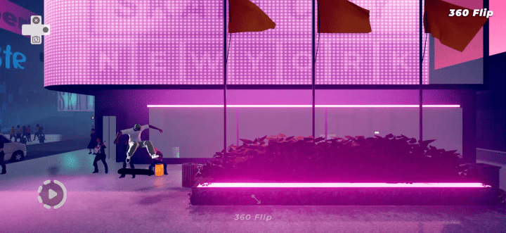 Bir patenci Skate City: New York'ta neon mor bir tabelanın yanında kayıyor.