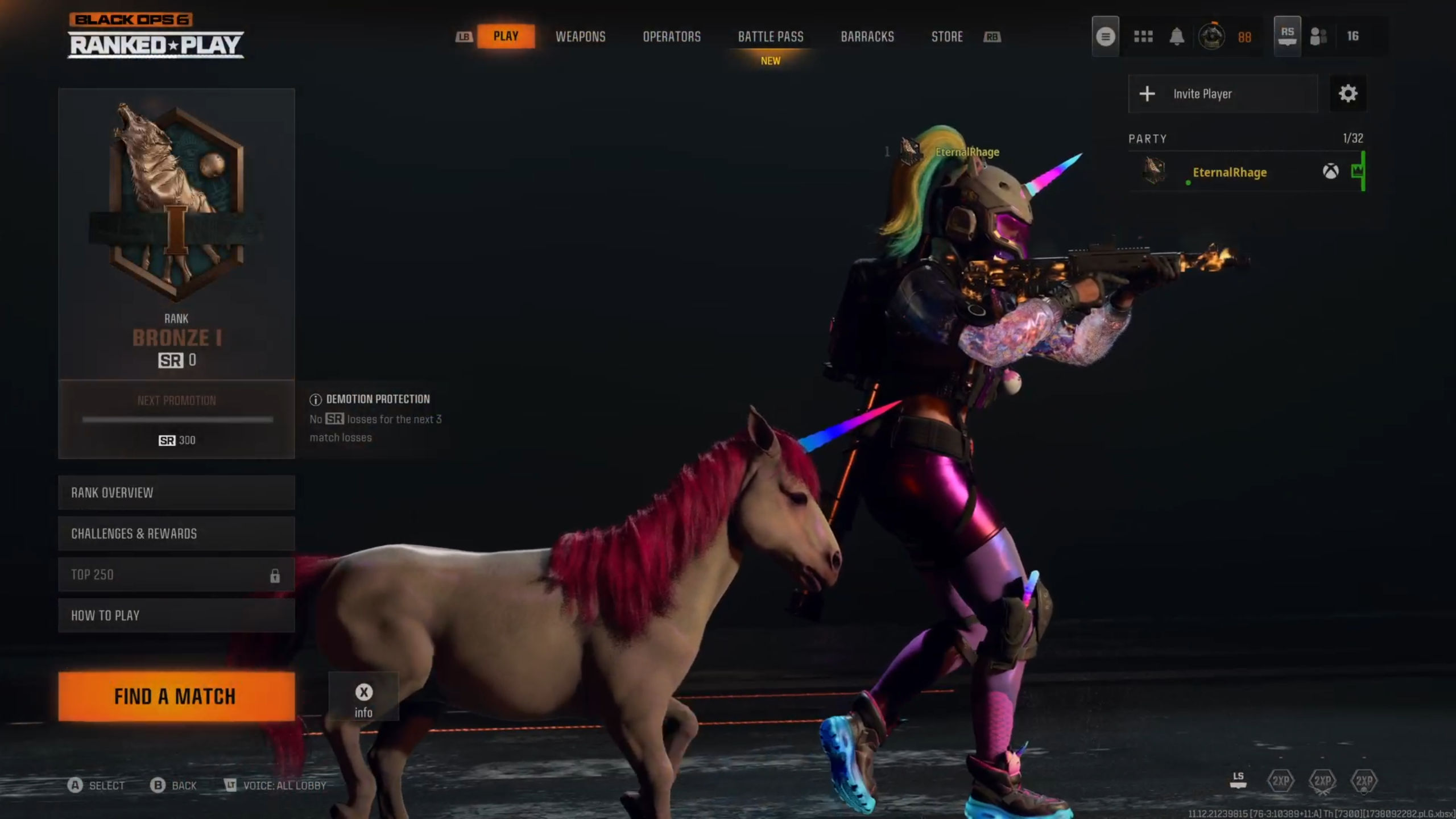 Call of Duty: Black Ops 6 BrightMare Operator Paket ve Mini Osuruk Unicorn Companion ile sıralı oyun lobisi.