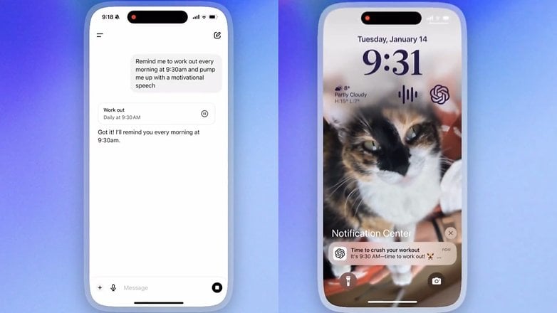 Bir akıllı telefon ekranı, bir kedi resmi ve hava durumu ayrıntılarıyla birlikte egzersiz hatırlatıcılarını gösteriyor.