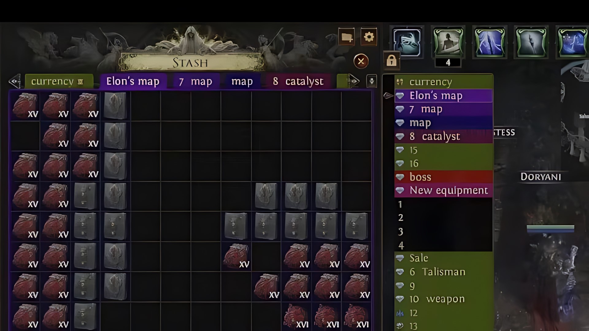 Path of Exile 2'deki 'Para Birimi, Elon Haritası, 7 haritası, harita, katalizör' sekmelerini gösteren zula sekmeleri."