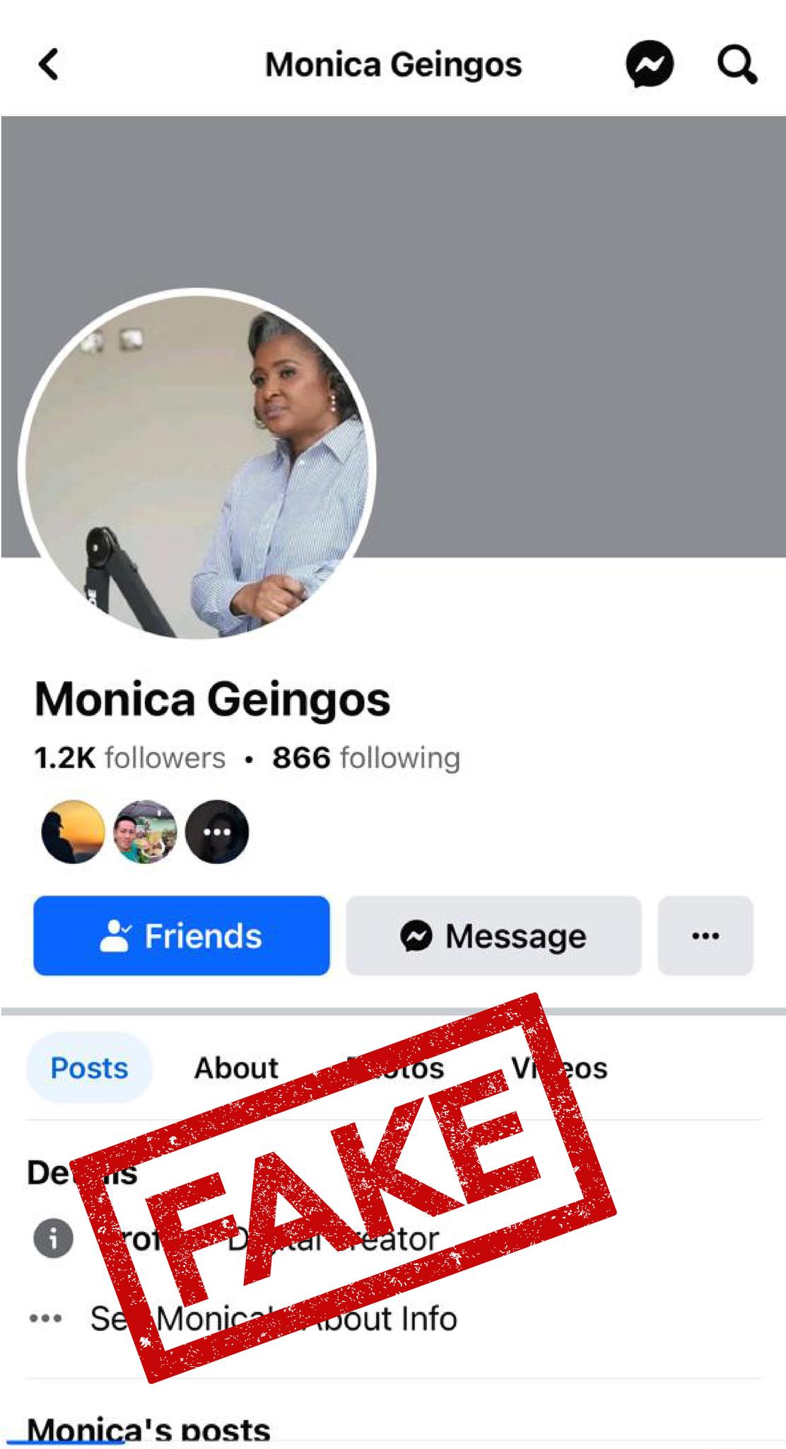 Üzerinde sahte bir damga ile Monica Geingos'a ait olduğunu iddia eden bir sosyal medya profili