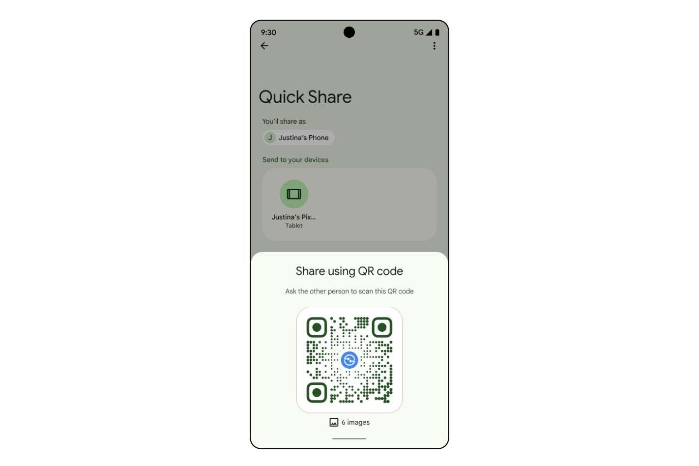 QR kodu kullanan Android Quick Share'in ekran görüntüsü
